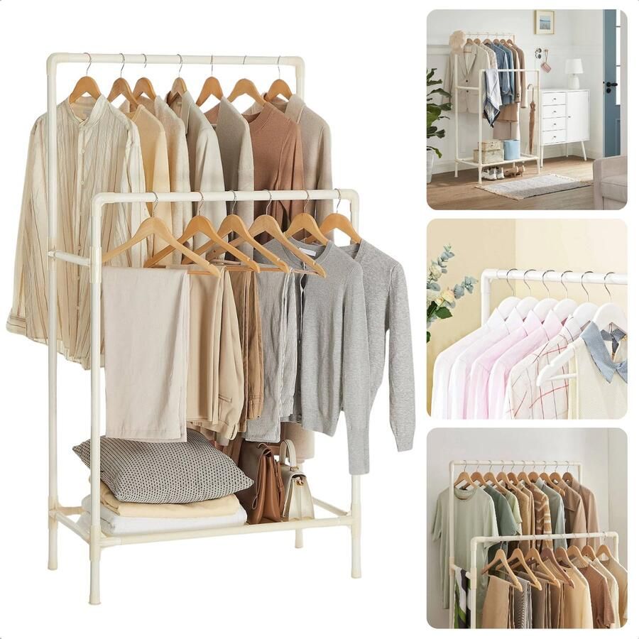 Cheqo Kledingrek Garderoberek met Metalen Frame 80x43x147 cm Wit Eenvoudig te Monteren Met Schap voor Schoenen Inclusief EBOOK