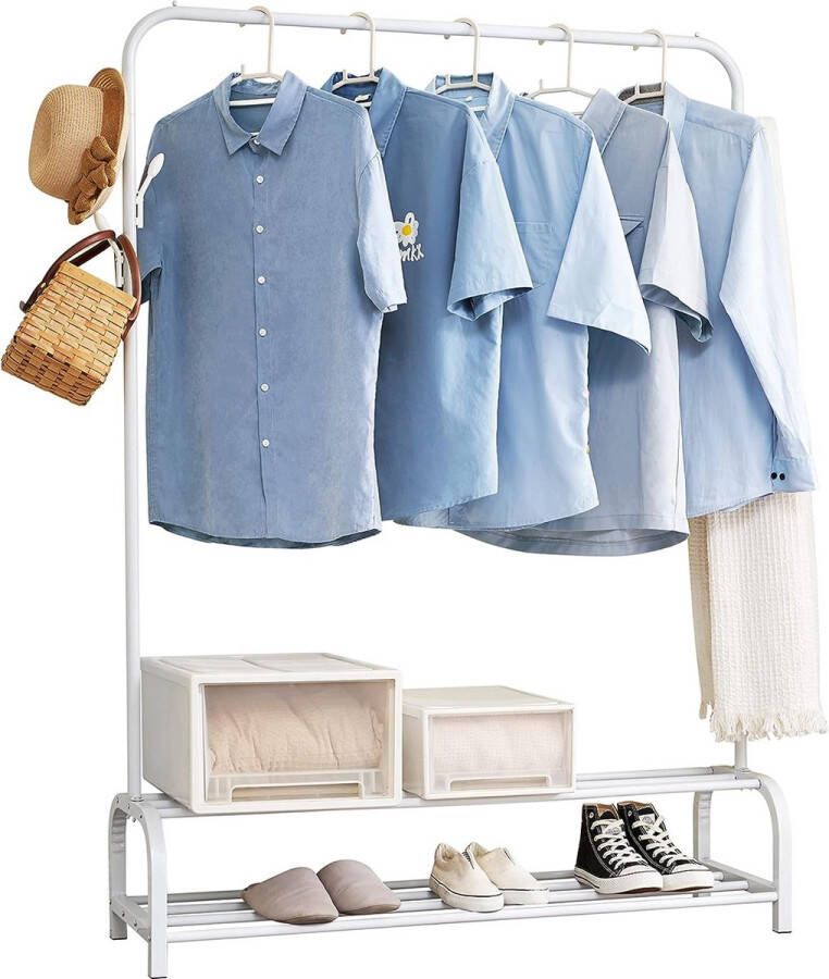 Kledingrek garderobestandaard stabiele kledingstang met 6 haken en 2 onderste planken vrijstaande kleerhanger slaapkamer kledingrek wit