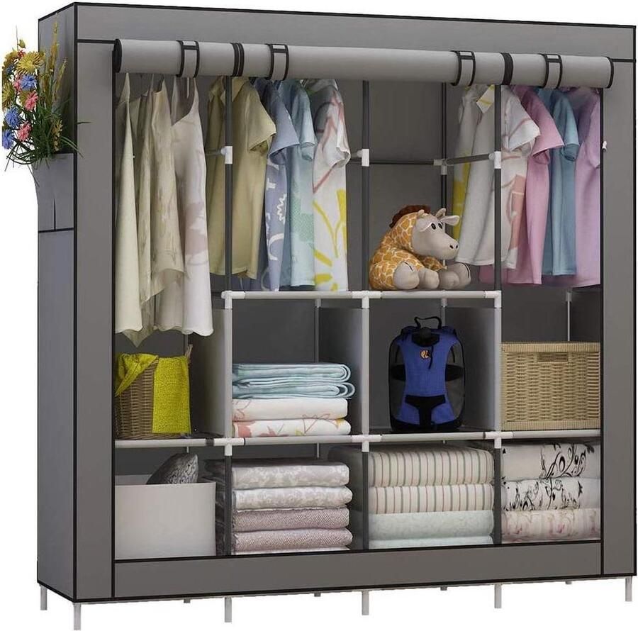 Kledingrek Grote Draagbare Kast met Opbergplanken en Hangende Secties Grijs