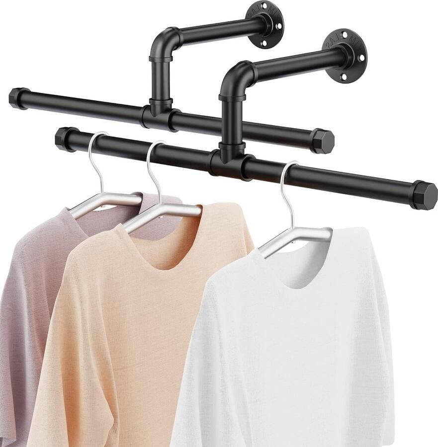 Kledingrek Heavy Duty Rustieke Industriële Pijp Afneembaar Wandmontage Zwart Ijzer Multifunctioneel Opknoping Staaf Kastopslag 2 Pack