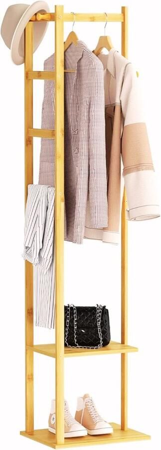 SHOP YOLO-kledingrek hout-Bamboe Kledingrek-met 2 Planken 3 Hanger-Hoek Kapstok Staand Hal Bomen-Vrijstaande Kleding Opknoping