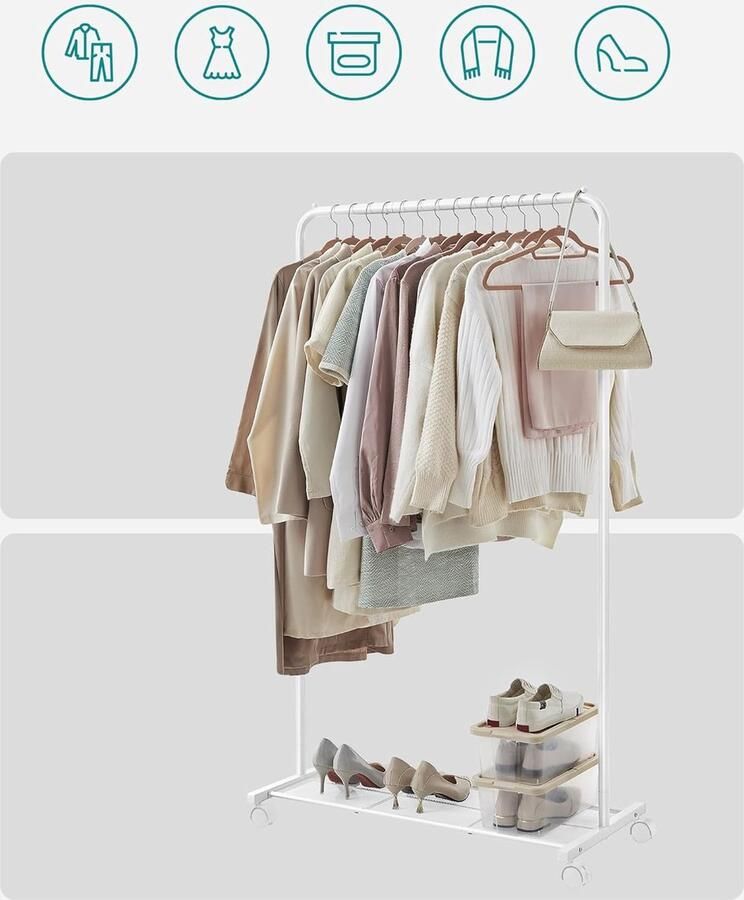HSR107W01 Kapstok op wielen 2 kledingstangen kapstok van stalen buizen belastbaar tot 100 kg 103 5 cm breed multifunctionele opslag wit 52.5 x 103.5 x 155 cm wit - Foto 2