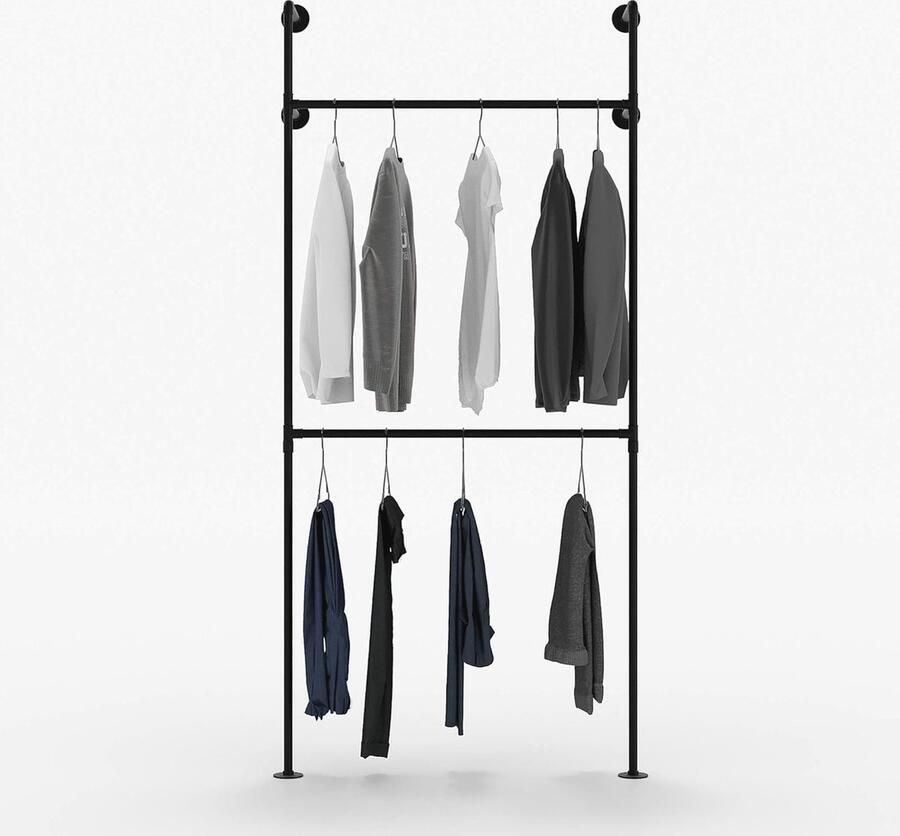 Kledingrek Industrial Loft Design Dubbel Kleerkast voor Inloopkastwand Stevige Zwarte Buizen met Wandbevestiging