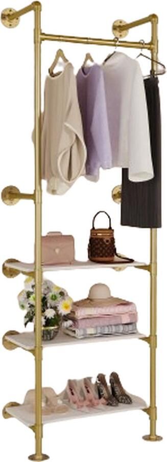 Industriële Kledingrek Goudkleurige Pijpen -3 Witte Planken Wandmontage 61cm x 178cm x 31 cm 25kg Hangvermogen
