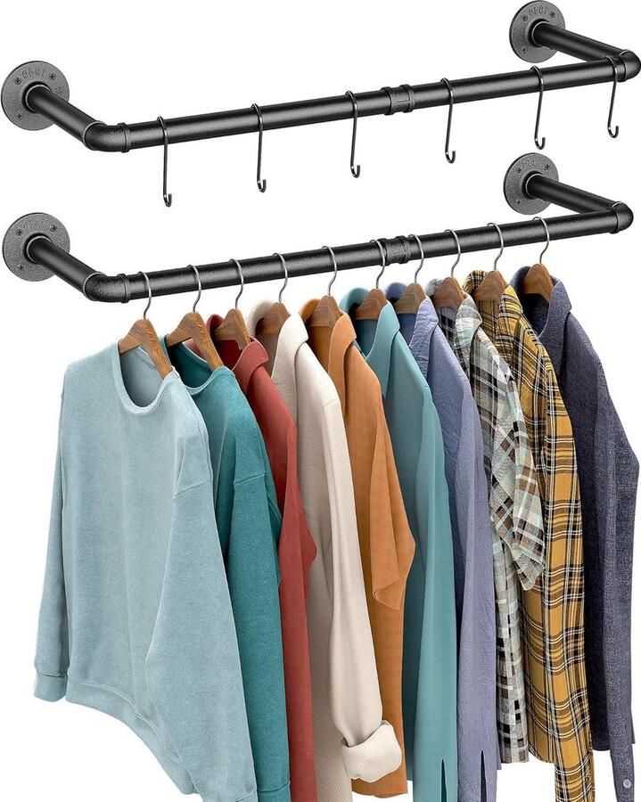 Kledingrek Industrieel Pijpen Hangend Opbergrail Set van 2 Stuks 92cm Muurbevestiging Afneembaar Retro Metaal Dubbele Basis