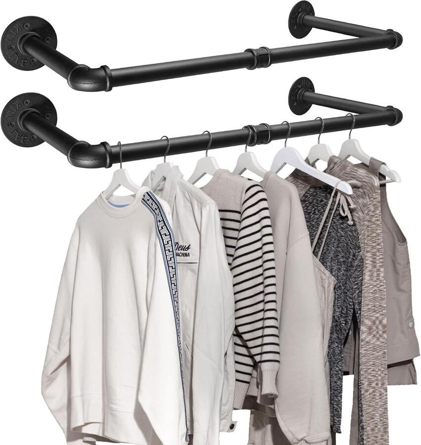 Retadou Kledingrek Industrieel set van 2 60cm garderobestang wandmontage voor appartementen slaapkamers zwart