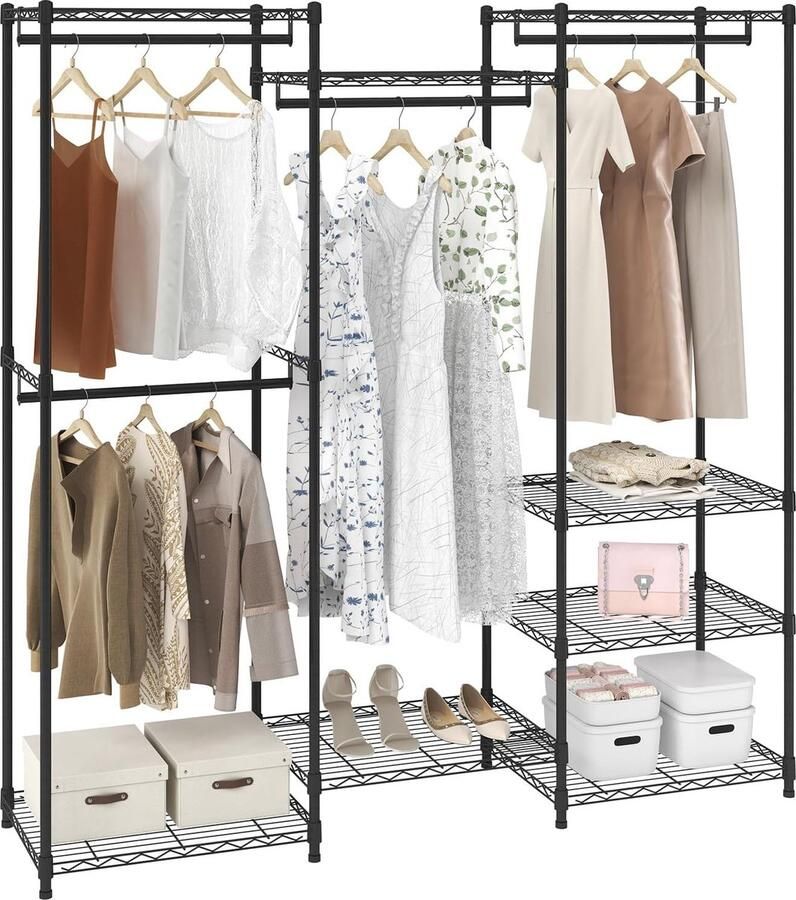 Kledingrek Industrieel Vrije indeling Zwart metaal Tot 360 kg Ruim Vrijstaand Kledingstang Legplanken 174x180x45 cm