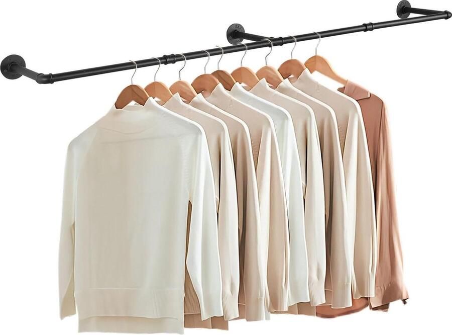 Kledingrek Industriële buisvormige kledingstangen 180 cm met 3 bases zwart rustieke kledingopslag ruimtebesparend wandrek keukenrek
