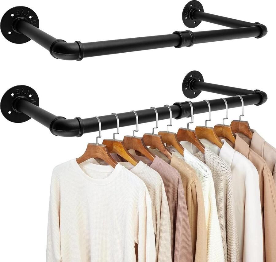 Kledingrek Industriële buizen kledingstangen voor muur set van 2 kledingstang wandmontage metalen kledingstangen plafondmontage zwart 61 cm jasstandaard garderobestang