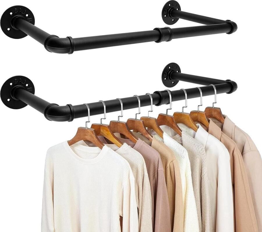 Kledingrek Industriële wandmontage set van 2 kledingstangen 50 cm zwart-metaal garderobe kledingstandaard kast bijkeuken