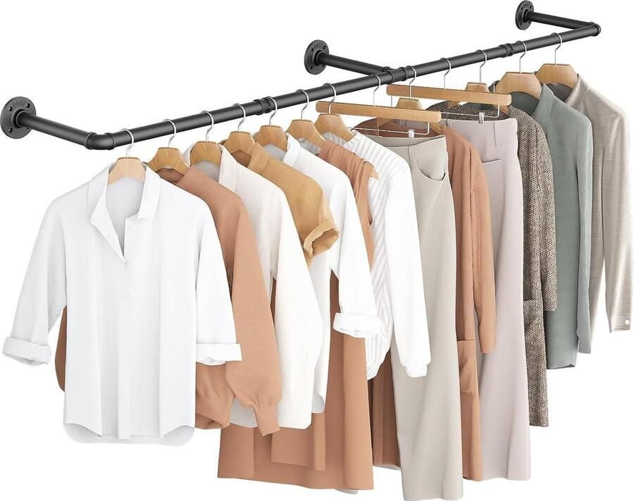 Kledingrek Industriële pijp kledingrek 65 inch voor hangende kleding Wandmontage zwaar belastbaar Ruimtebesparend kledingrek voor kastopslag zwart 3 basis
