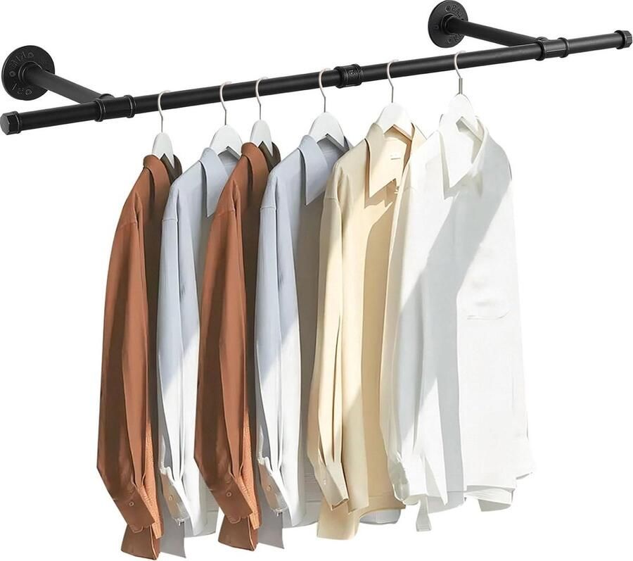 Kledingrek Industriële Wandgarderobe 112 cm Set met 1 Vintage Stang Afneembaar Robuust Ontwerp Geschikt voor Slaapkamer Woonkamer Badkamer Zwart