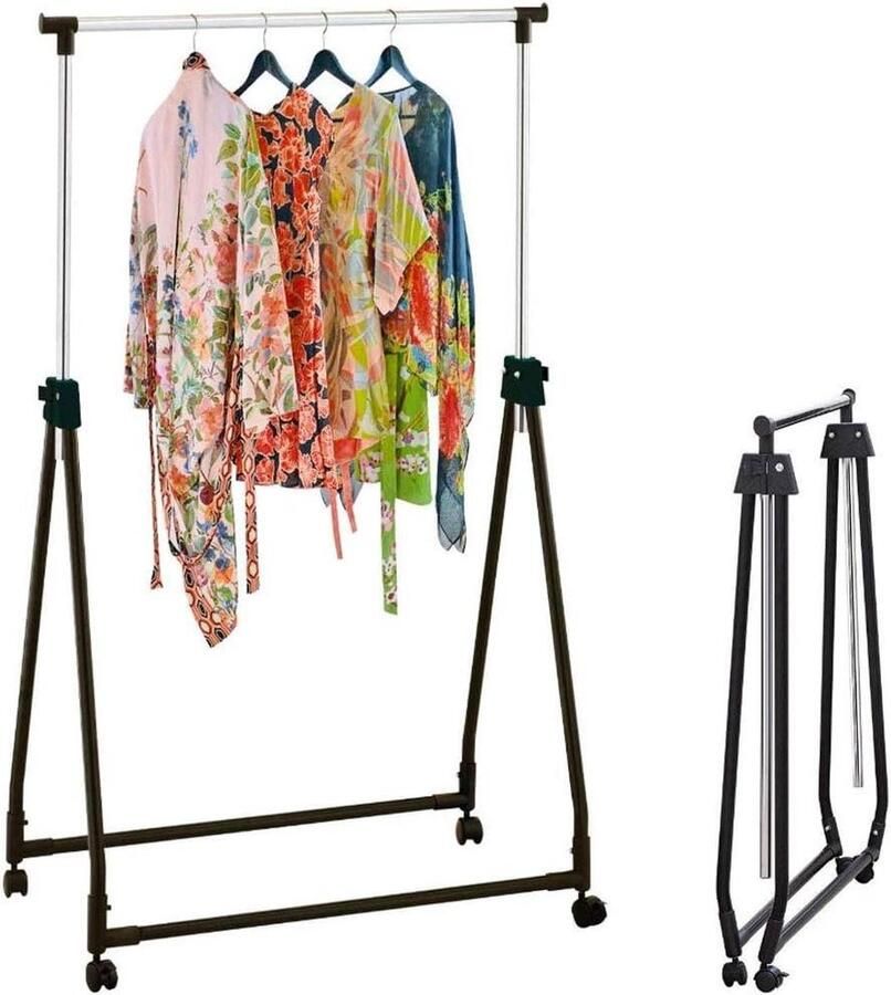 Kledingrek inklapbaar en verstelbaar van staal en kunststof met wielen zwart Opvouwbare kledingrek