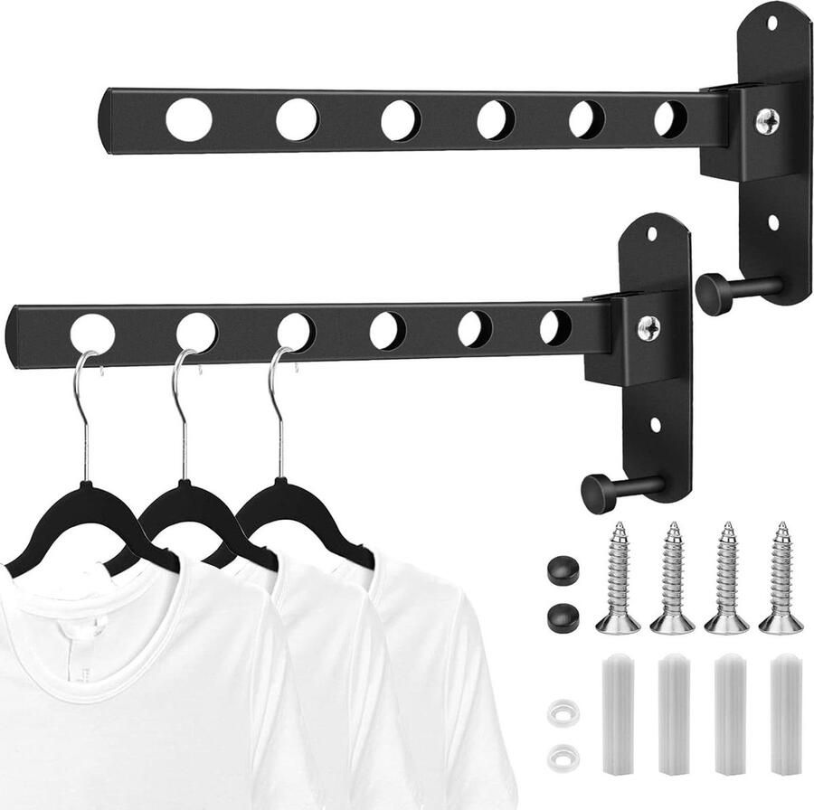 Kledingrek inklapbaar met 90 graden kledinghaken voor bijkeuken slaapkamer badkamer balkon 4 expansiebuizen en 4 schroeven zwart
