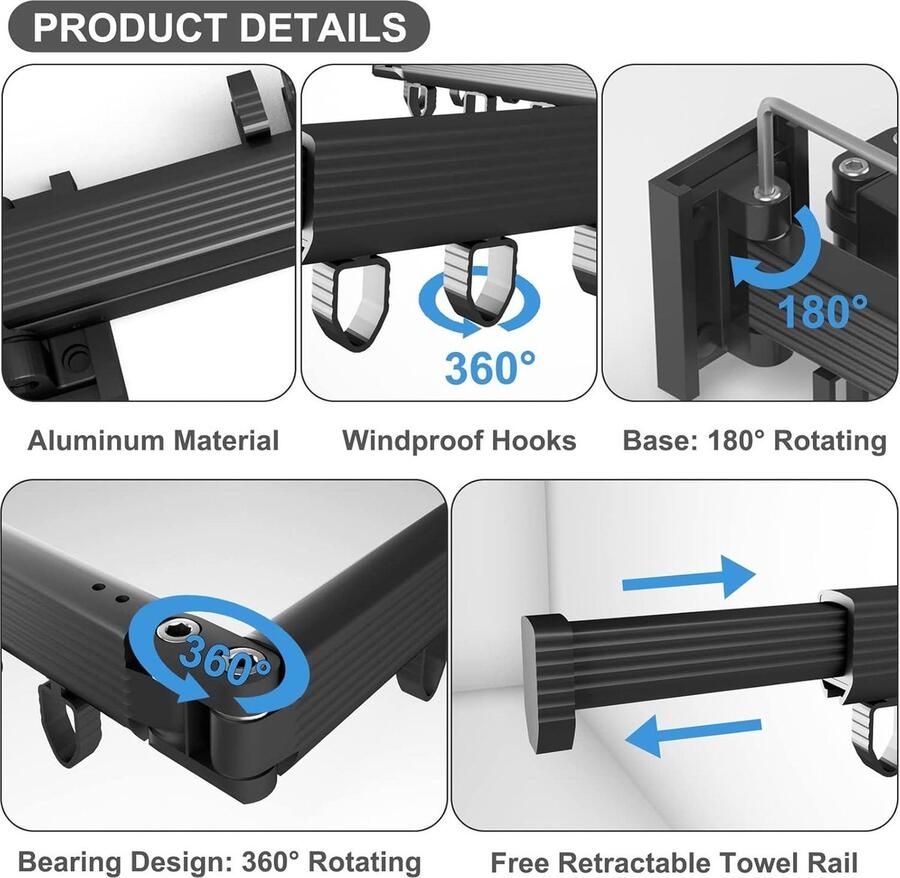 Kledingrek Intrekbaar droogrek wandmontage opvouwbare kledingstang met 18 haken en handdoekhouder drievoudig gevouwen kledingrek voor balkon wasgoed badkamer slaapkamer Wit 3 opgevouwen Lange Kledingstang