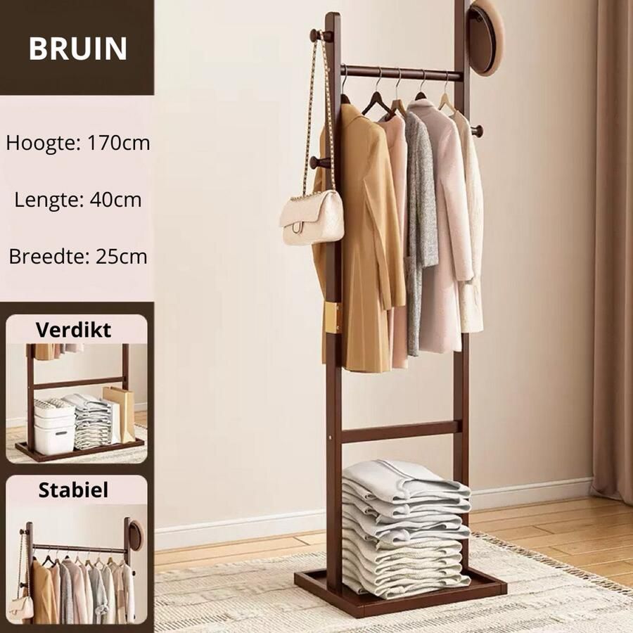 Kledingrek Kapstok 40 CM Bamboe Opbergen Kledinghangers Voor woonkamer slaapkamer studeerkamer Bruin