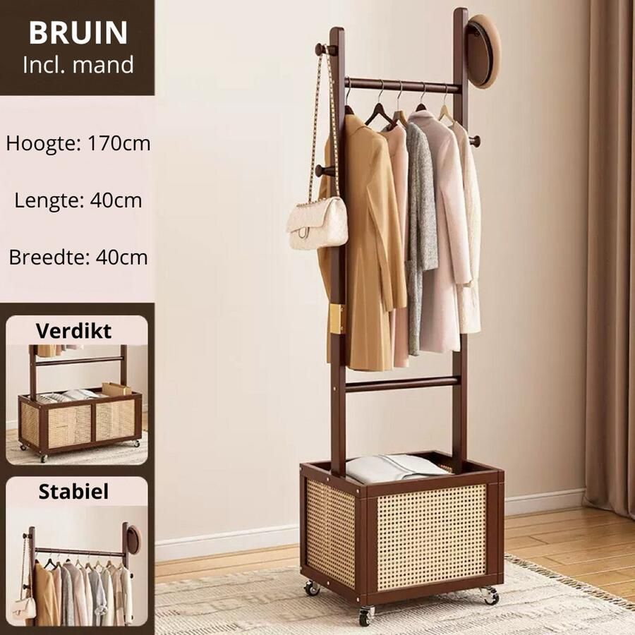 Kledingrek Kapstok 40 CM Bamboe Opbergen Kledinghangers Voor woonkamer slaapkamer studeerkamer Bruin Kledingrek op wieltjes Inclusief opbergmand
