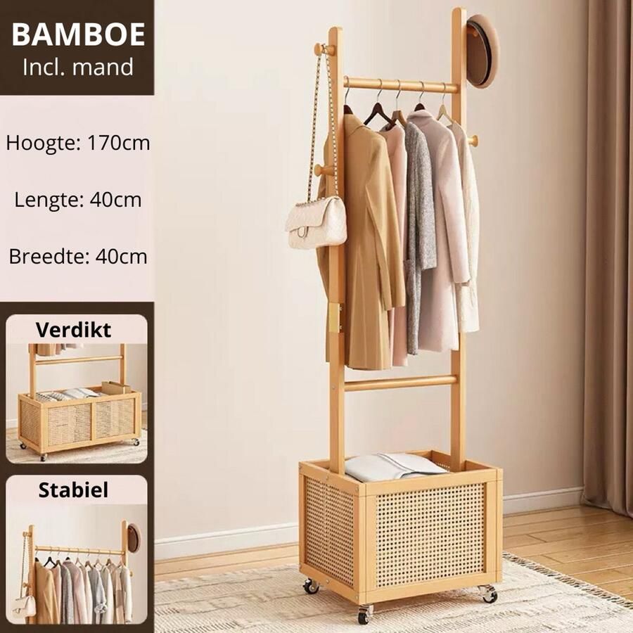 Kledingrek Kapstok 40 CM Bamboe Opbergen Kledinghangers Voor woonkamer slaapkamer studeerkamer Houtkleurig Kledingrek op wieltjes Inclusief opbergmand