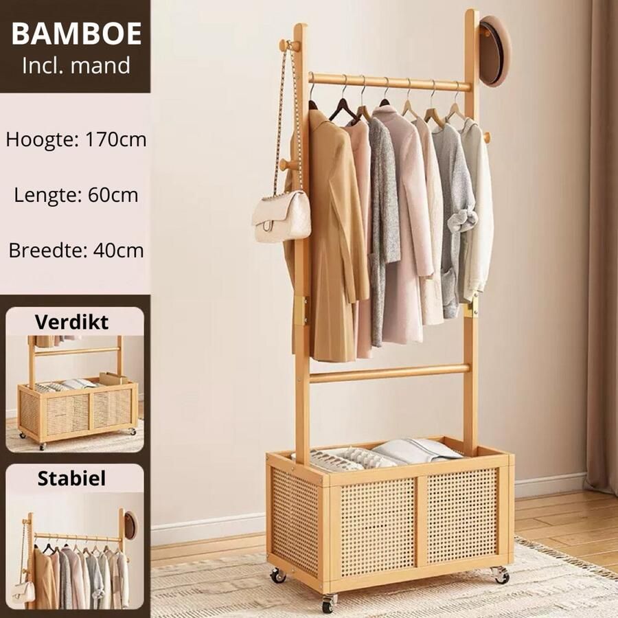 Kledingrek Kapstok 60 CM Bamboe Opbergen Kledinghangers Voor woonkamer slaapkamer studeerkamer Houtkleurig Kledingrek op wieltjes Inclusief opbergmand