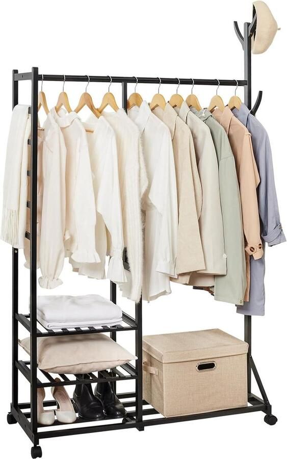 Kledingrek Kapstok bamboe kledingrek met kledingstang garderobe met broekhanger en planken (100 x 38 x 176 cm zwart) Modern design Ruimtebesparend