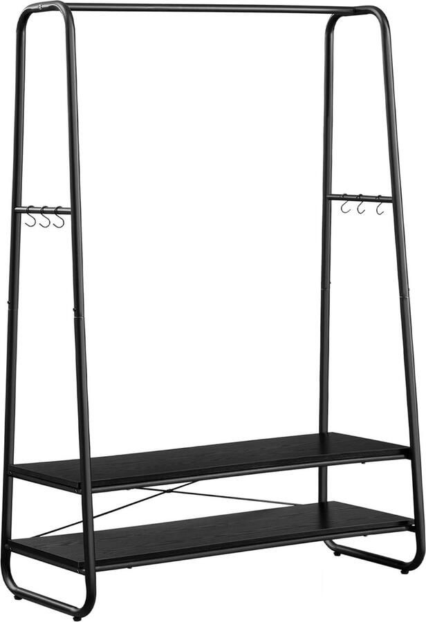 Songmics Kledingrek kapstok kast garderobe met 2 planken 6 S-vormige haken stalen frame voor slaapkamer houtzwart en matzwart RGR112B03