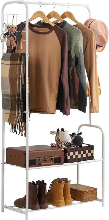 Kledingrek kapstok kledingroede vrijstaand kledingrek met 3 haken en 2 schoenenrekken opbergplank slaapkamerkledingrek vrijstaande kleerhanger wit