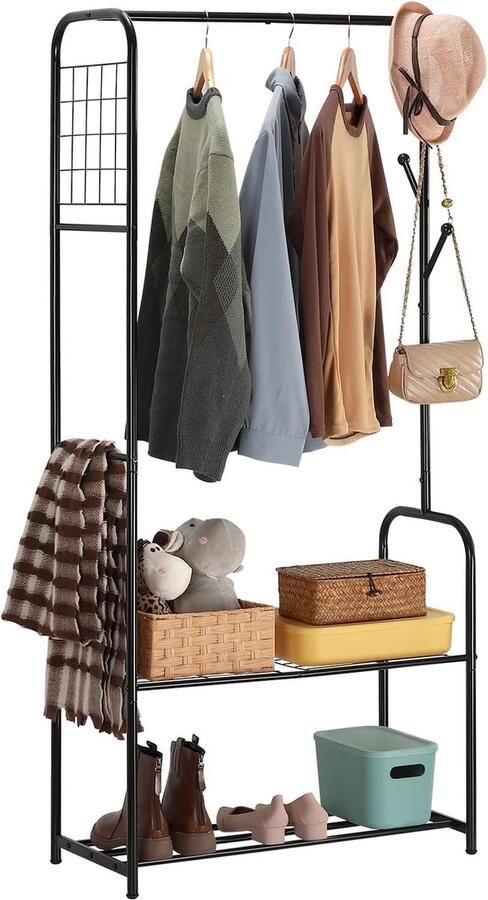 Kledingrek kapstok kledingroede vrijstaand kledingrek met 3 haken en 2 schoenenrekken opbergplank slaapkamerkledingrek vrijstaande kleerhanger zwart