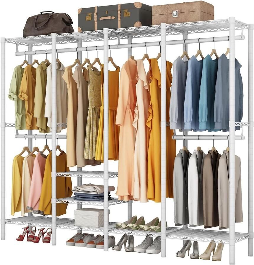Retadou Kledingrek kapstok met 6 in hoogte verstelbare planken kledingstang met 4 hangvakken veel ruimte voor slaapkamer woonkamer (wit)