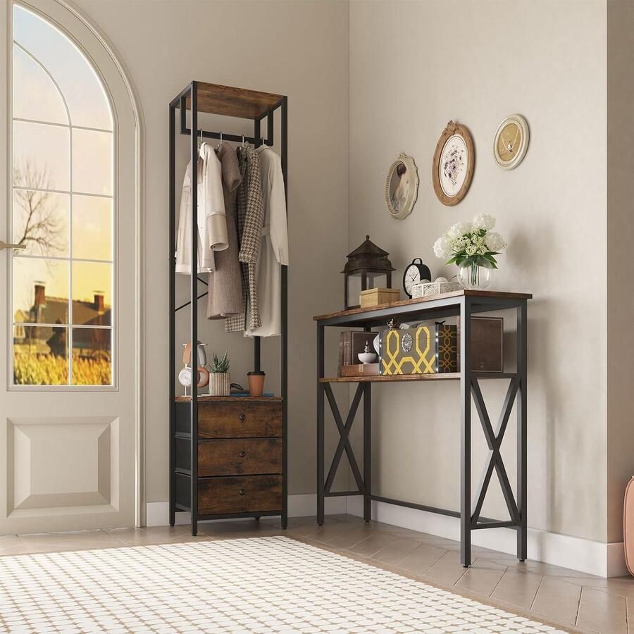Kledingrek Kapstok met niet-geweven lade-kledingrek-vrijstaande hoge kastorganizer-industrieel opbergrek voor hal slaapkamer woonkamer 39 × 29 × 179 cm bruin HGR001H