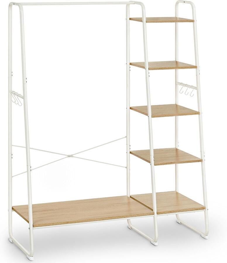 Kledingrek Kapstok Multifunctioneel Opbergrek Met 5 opbergplanken 6 zijhaken en kledingstang Stevig metalen frame Stijlvol en modern ontwerp Geschikt voor slaapkamer woonkamer en werkruimte 45 x 120 x 160cm centimeter Wit+naturel