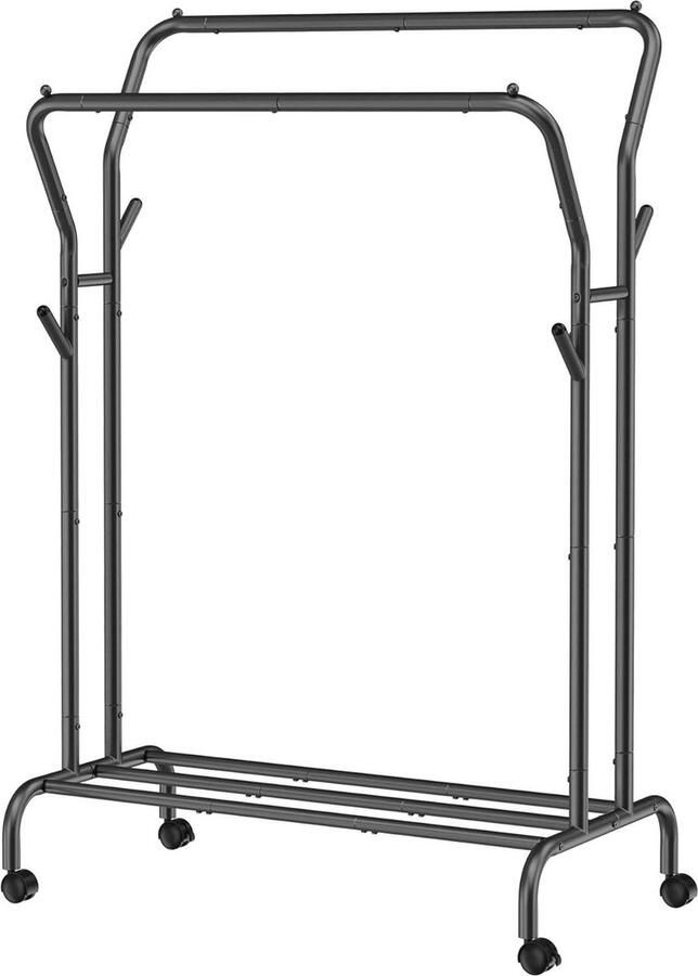 Kledingrek HSR107B01 Kapstok op wielen stalen buizen belastbaar tot 100 kg zwart multifunctionele opslag 103.5 cm breed 155 cm hoog