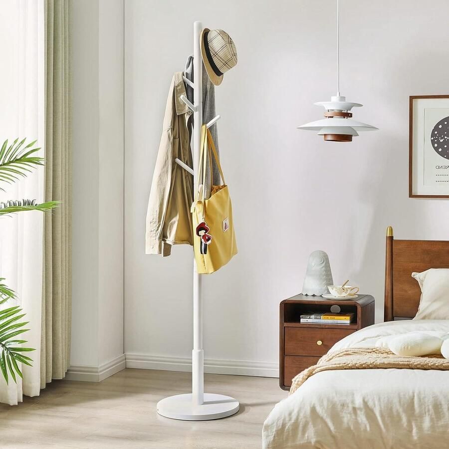 Kledingrek Kapstok Vrijstaande Kapstok Standaard Met 8 Haken En Ronde Basis Houten Hal Kapstok Entree Kapstok Voor Portemonnees Kleding Sjaals Voor Hal Slaapkamer Woonkamer Wit WD-114 Moderne Staande Kapstok Met 8 Haken