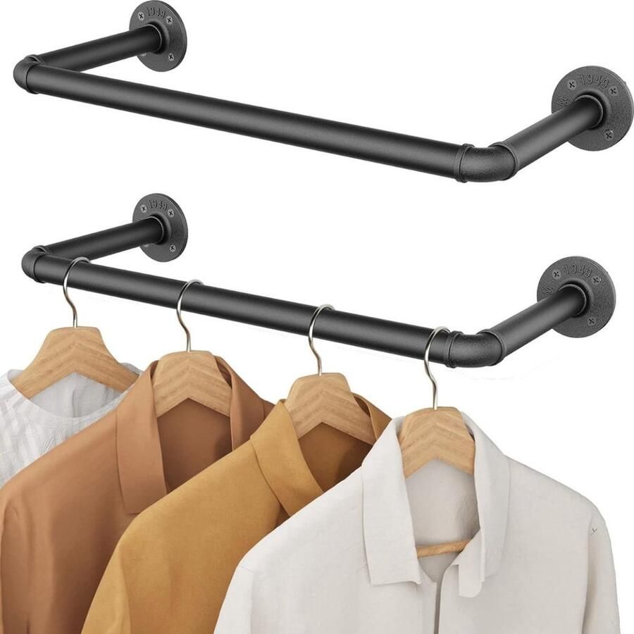 Kledingrek Kledinghanger Kledingstang 2 Stuks Zwart Metaal Industrieel Pijp Kledingrek 49cm aan de Muur Bevestigd Afneembaar 24 9D x 48 7W x 8 4H