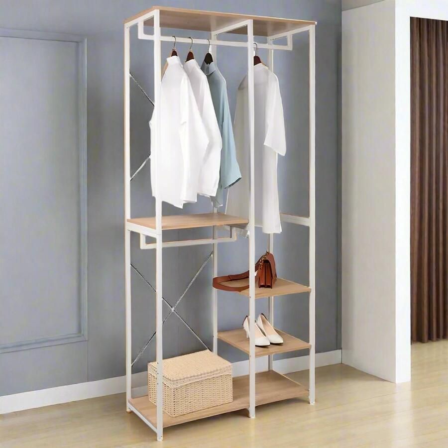 Kledingrek Kledinghangers Kledingrek Metaal Houten Stalen Kapstok – Vrijstaande Kledinghanger met Opslagplanken Schoenenrek voor Slaapkame 90x40x204.5cm Wit en Licht Eiken