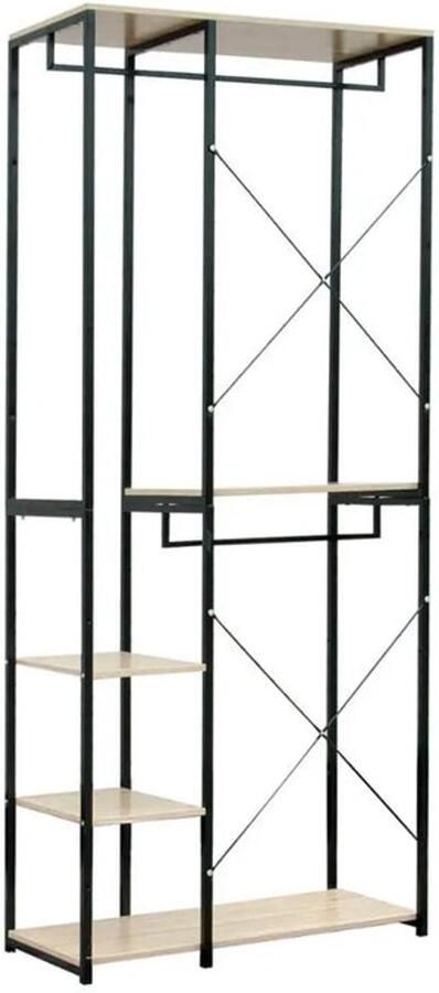Kledingrek Kledinghangers Kledingrek Metaal Houten Stalen Kapstok – Vrijstaande Kledinghanger met Opslagplanken Schoenenrek voor Slaapkame 90x40x204.5cm Zwart en Licht Eiken