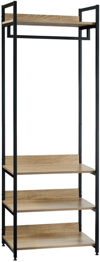 Kledingrek Kledinghangers Kledingrek Metaal met 3 Houten Planken Garderobekast met Kledingrail – Kapstok met Schoenenrek – Voor Slaapkamer & Gang 56x36x170cm Licht Eiken Zwart
