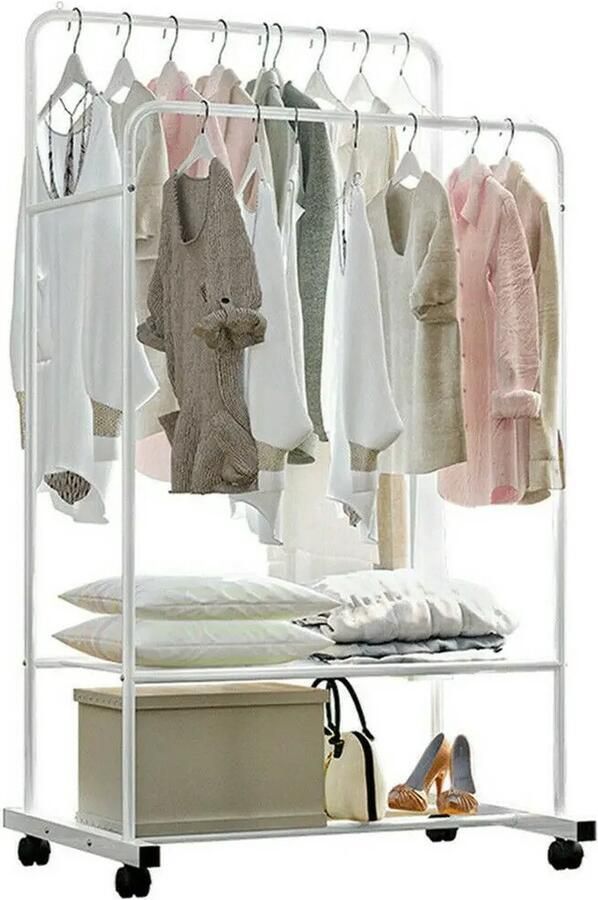 NewWave Kledingrek Op Wielen Wit 1.5 Meter Dubbele Rail Met Schoenen Plankjes Kleding Opberger