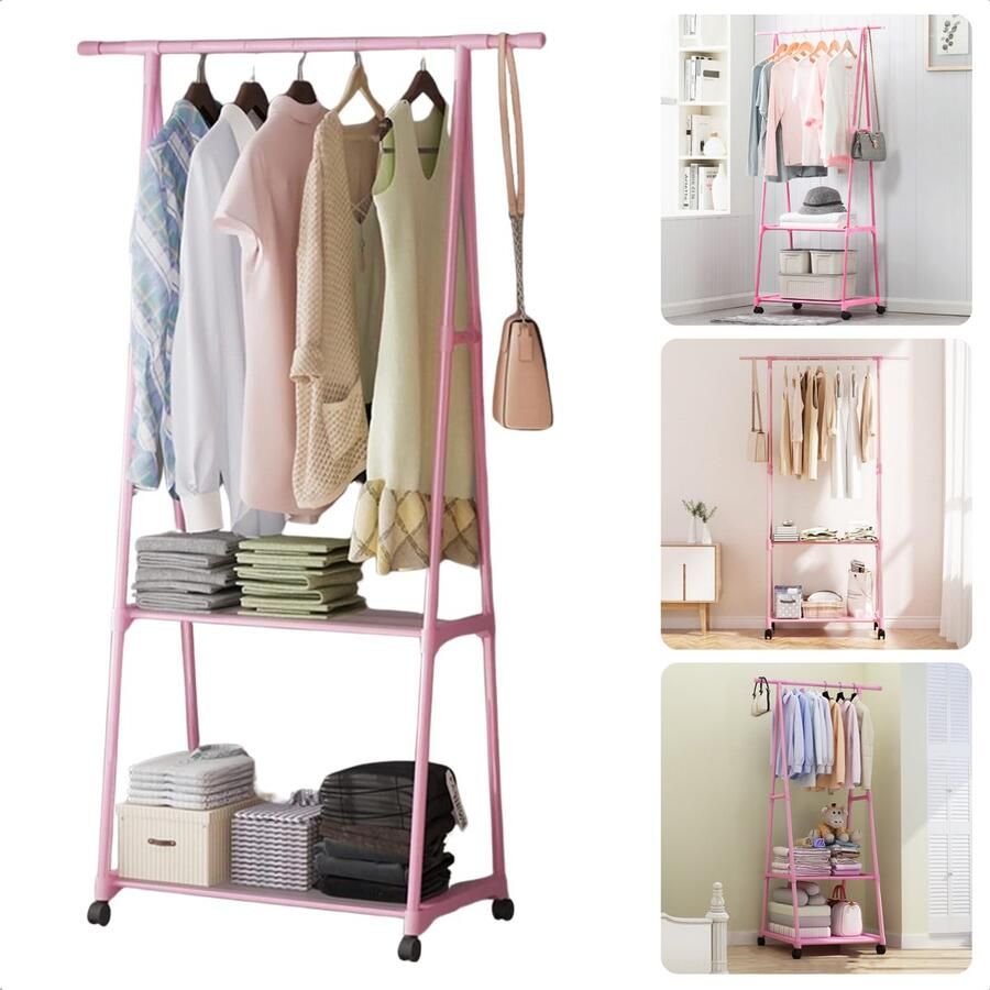 Cheqo Kledingrek Kledingkast Garderobe Verrijdbaar 85x42x160 cm Metaal Met Leggers Roze Inclusief EBOOK