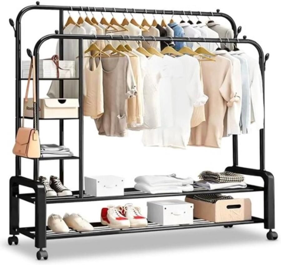 Retadou Kledingrek kledingrek op wielen kledingstang rollen kledingrek stabiel kledingrek zwart kledingrek met wielen met twee kledingstangen (zwart)