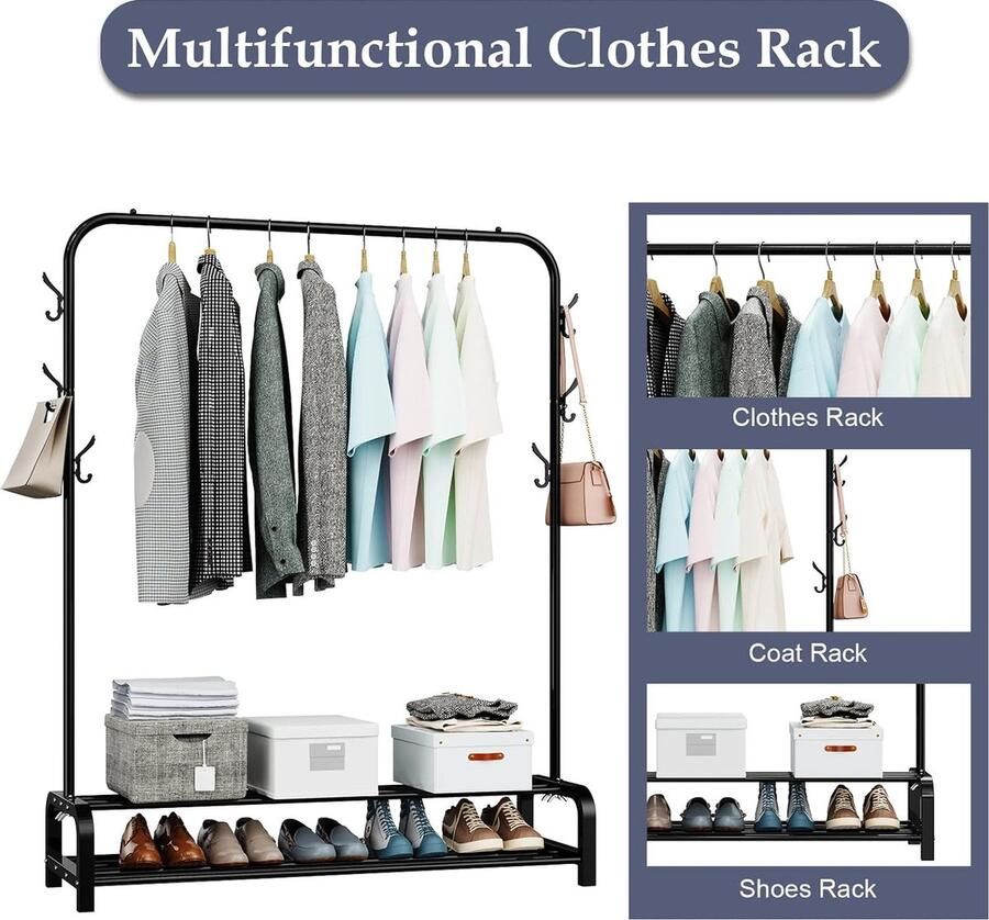 Kledingrek kledingrekken voor slaapkamer heavy-duty kledingrek vrijstaande kledingophangrail minimalistisch ontwerp kledingrekken voor hangende kleding draagbare kledingstang zwart