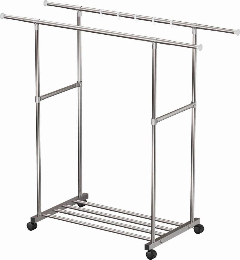 Kledingrek kledingstang garderobestandaard kledingstandaard op wieltjes uittrekbare verstelbare kledingstang 145 x 50 x (150-240) cm verchroomd metaal