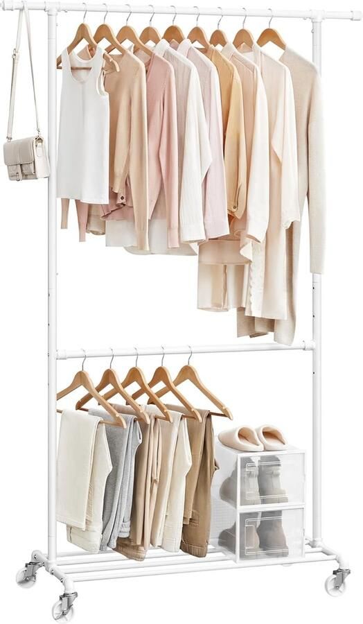 Kledingrek kledingstang op wieltjes 2 stangen kapstok met plank tot 110 kg belastbaar klassiek wit