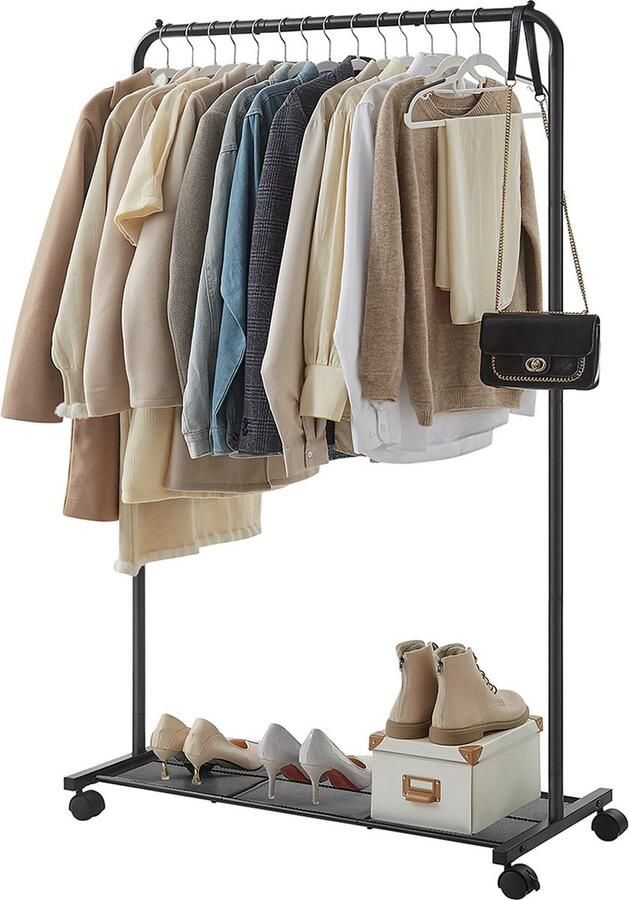 Kledingrek – Kledingstang – Op wieltjes – Tot 40 kg belastbaar – Van metaal – Met roosterplank – Zwart