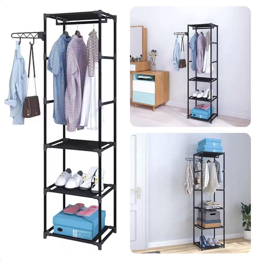 Cheqo Kledingrek Kleerkast Garderobe met Metalen Frame 170 cm Hoog Zwart Met 3 Legplanken Inclusief EBOOK