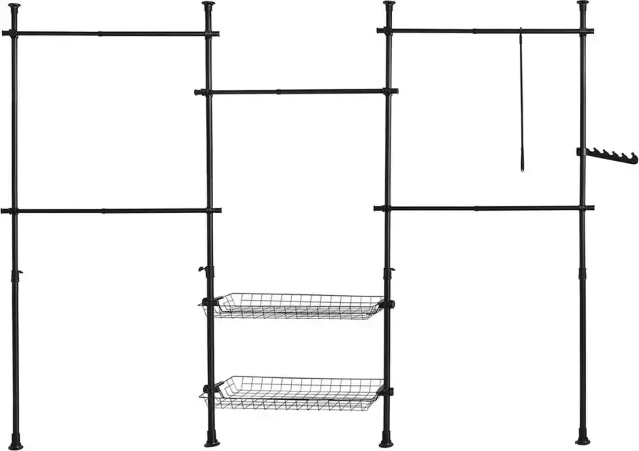 Kledingrek Klerenrailsysteem Opbergsysteem Telescopisch Kledingrek met 5 Kledingstangen en 2 Manden Telescopisch Kapstoksysteem Verstelbaar Legbord B (209-305) x H (200-270) cm Zwart