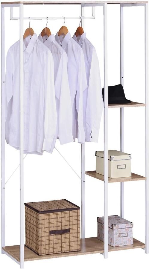 Corenia Kledingrek Kledingmeubel Loftstijl Luxe Rek Voor Kleding Slaapkamer Schoenen Opbergen Halkast Industrial style Wardrobe Jassen ophangen Hout Staal Kledingrek Wit en licht eiken