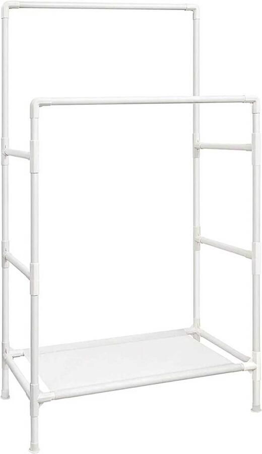 Kledingrek met 2 hangstangen en 1 opbergrekken maximale belasting 70 kg eenvoudig te monteren stevig en duurzaam metalen frame geschikt voor garderobe slaapkamer en wasruimte 88 x 44 x 154 cm wit