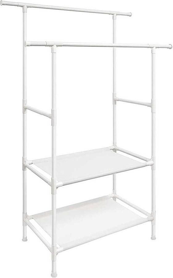 Kledingrek met 2 hangstangen en 2 opbergrekken maximale belasting 70 kg eenvoudig te monteren stevig en duurzaam metalen frame geschikt voor garderobe slaapkamer en wasruimte 112 x 49 x 177 cm wit
