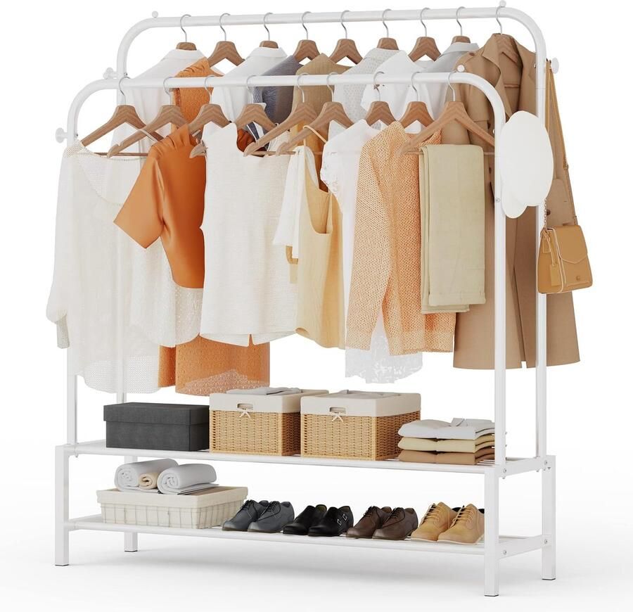 Kledingrek met 2 kledingrails multifunctionele metalen kapstok met 1 plank en 4 haken geschikt voor slaapkamer en woonkamer wit