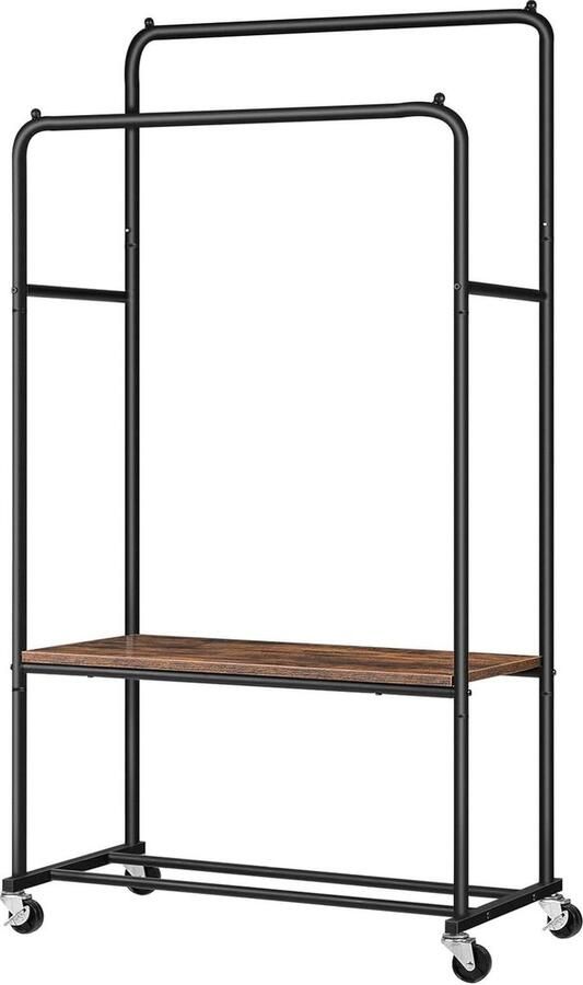 Kledingrek met 2 kledingstangen en 2 planken Industrieel design voor slaapkamer en hal Donkerbruin-zwart EBF22LY01 kledingrek